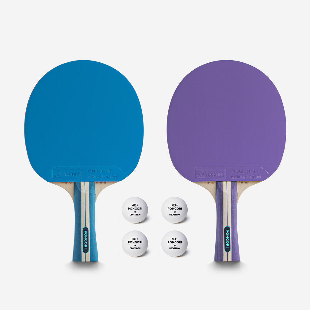 2 Table Tennis Bats & 4 Balls TTR 130 4* Spin ITTF - Violet & Blue